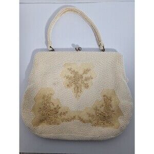 Vintage 50's 60's Lumured Petite Corde Bead Purse Handbag Ivory Metallic Retro